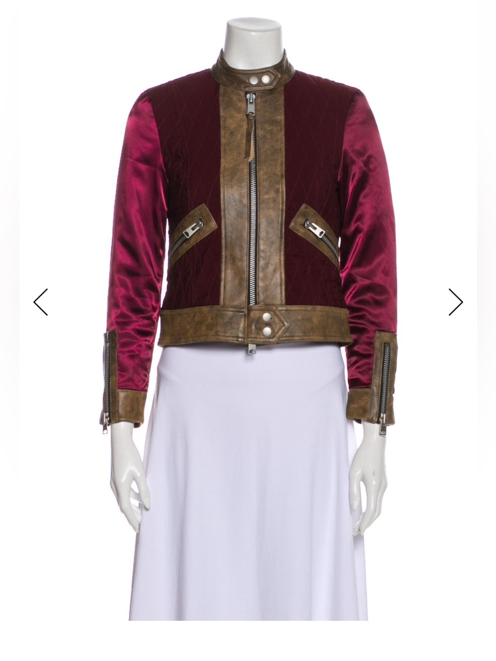 All Saints Burgundy Satin Bomber Jacket with Brown Leather Trim